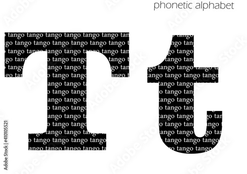 T (tango) 3d illustration phonetic alphabet design for decoration in black and white