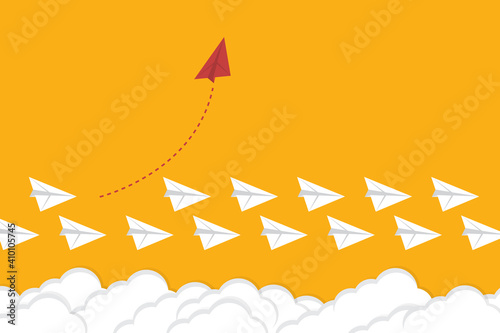 Think differently concept. Red airplane changing direction. Vector illustration	