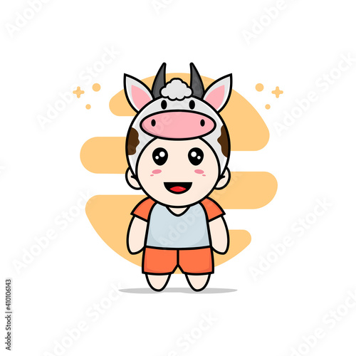 Cute kids character wearing cow costume.