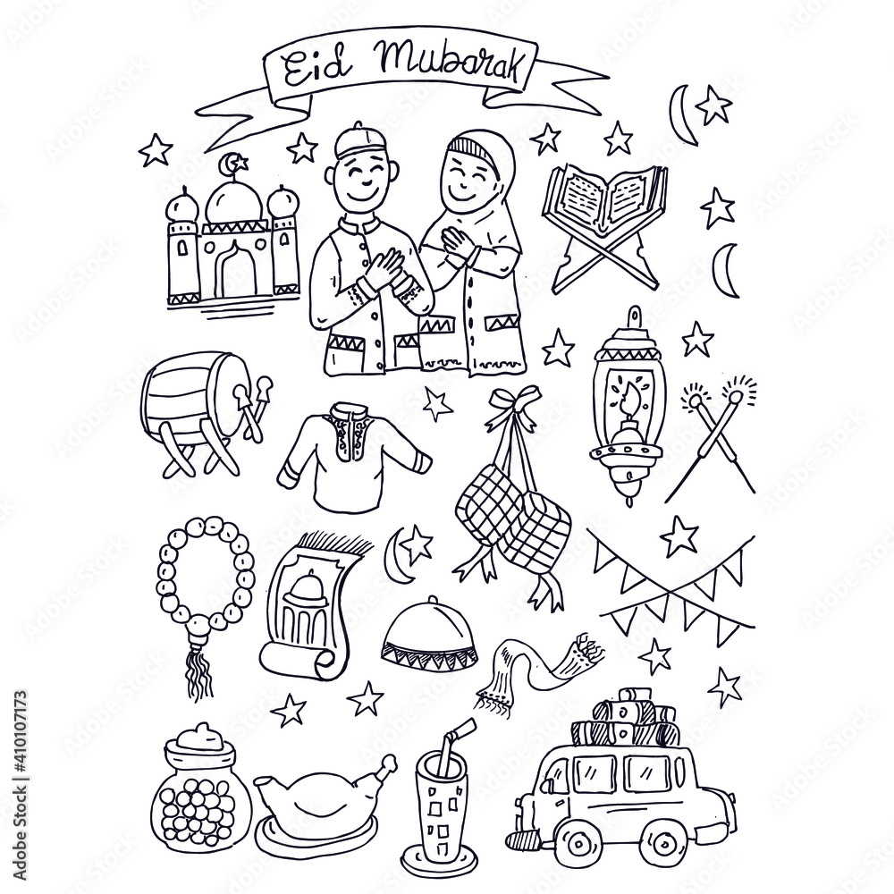 Eid Mubarak or idul fitri, doodle vector