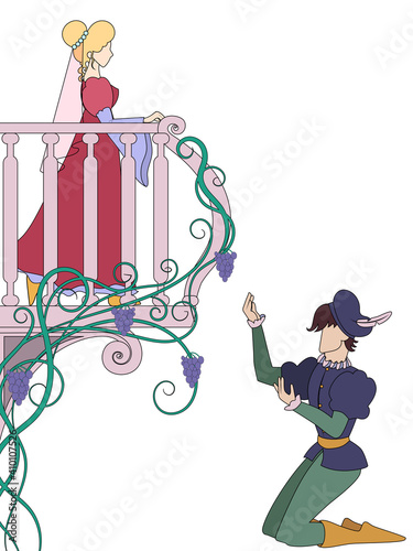 Love romantic couple. Vector illustration of long distance romance. Theatrical performance of Romeo and Juliet. Concept for St. Valentine Day. Concept World Theatre Day. 