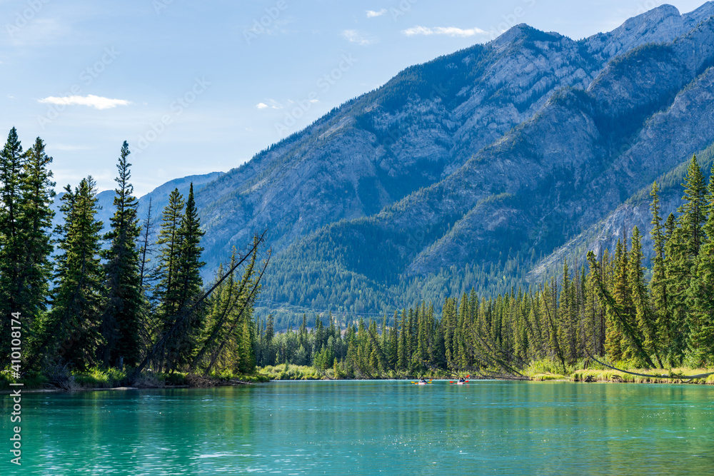 Bow River Trail in summer time. Mount Norquay in the background. Beautiful nature scenery in Banff National Park, Canadian Rockies, Alberta, Canada.