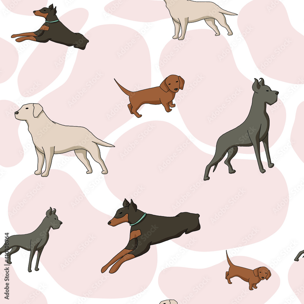 Seamless pattern with dogs of different breeds
