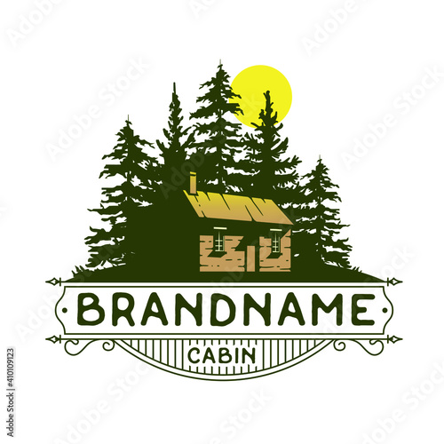Cabin and forest logo design, House estate Vintage Style, cabin logo template