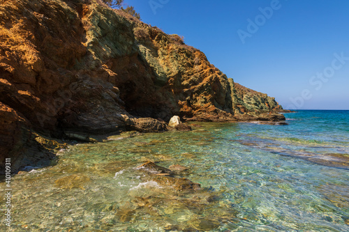 View of the coast and Agios Georgios beach, Folegandros Island, Greece.