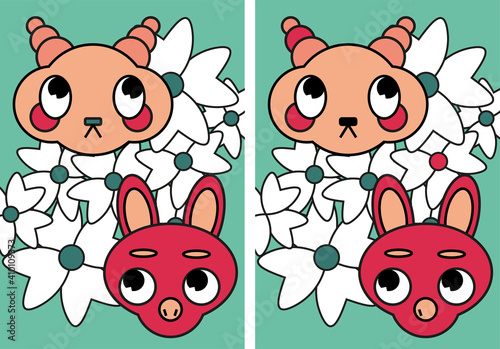 Find the difference page with animals and flowers (5 differences)