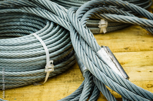 Clean new steel rope wire, coiled steel cable.