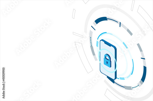 Security technology: safety lock display on blue mobile with modern circle system background.