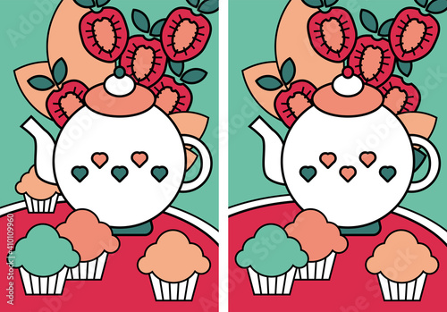 Find the difference page with teapot muffins and strawberries (5 differences)