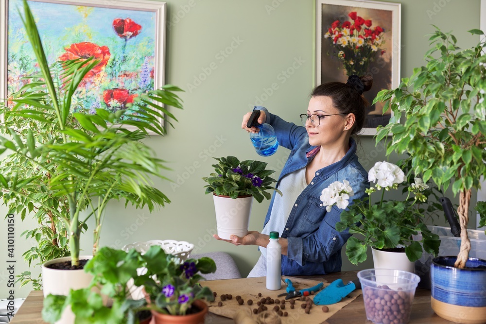 Woman with home plants in pots, hobbies and leisure