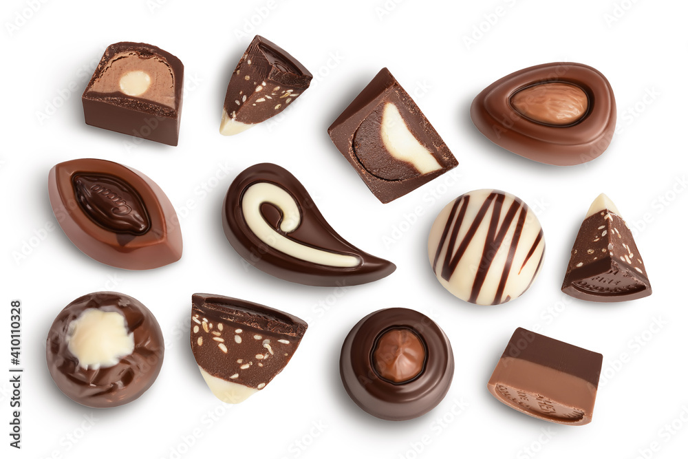 Chocolate candy isolated on white background with clipping path and full depth of field. Top view. Flat lay. Set or collection Chocolate candy isolated on white background with clipping path and full depth of field. Top view. Flat lay. Set or collection