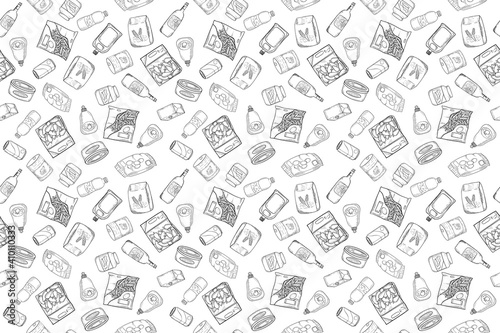 seamless pattern of various grocery items.package, box, can, pack, ingredient, fresh, food, vintage doodle line art hand draw style 