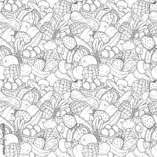 seamless vector illustration pattern of various vegetable stack tight together line art in retro vintage style