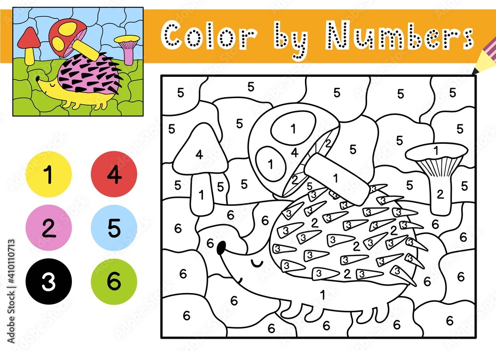 Color by numbers game for kids. Coloring page with a cute hedgehog carrying a mushroom. Printable worksheet with solution for school and preschool. Learning numbers activity. Vector illustration