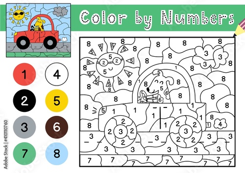Color by numbers game for kids. Coloring page with a cute dog driving a car. Printable worksheet with solution for school and preschool. Learning numbers activity. Vector illustration