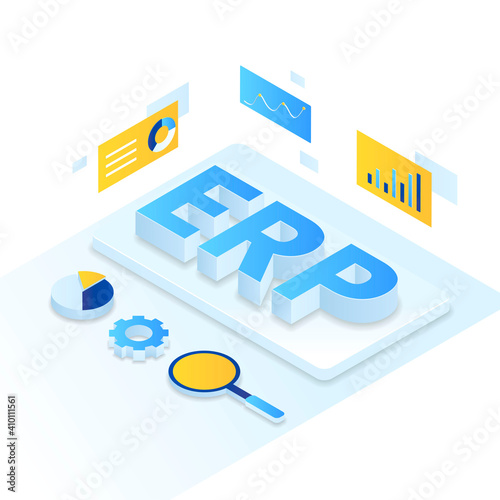 ERP Enterprise resource planning illustration isometric style. Illustration for websites, landing pages, mobile applications, posters and banners