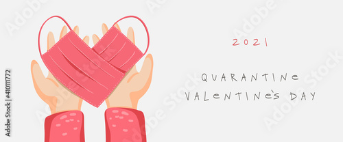 Valentine s day banner with medical masks, heart, hands. Quarantine Valentine s day, vector EPS 10