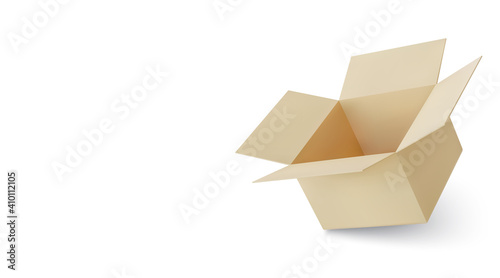 Realistic cardboard brown delivery box with shadow isolated on white background. Open box. Vector illustration