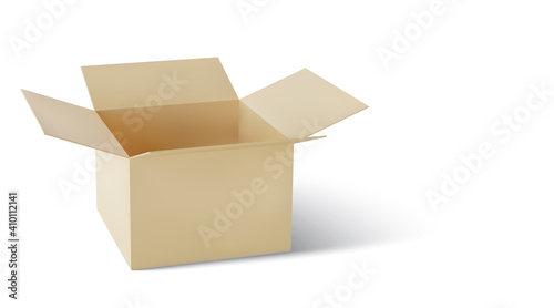 Realistic cardboard brown delivery box with shadow isolated on white background. Open box. Vector illustration © bs_k1d