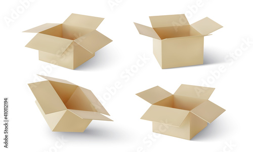 Set of realistic cardboard brown delivery boxes with shadow isolated on white background. Vector illustration