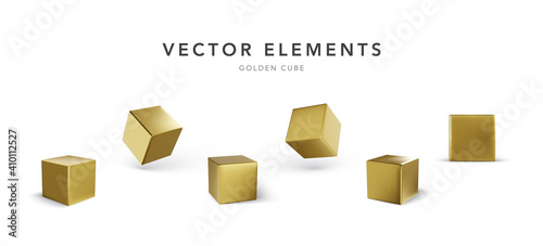 Set of cubes in gold metalic isolated on white background. Square Realistic geometric shapes. Vector illustration.