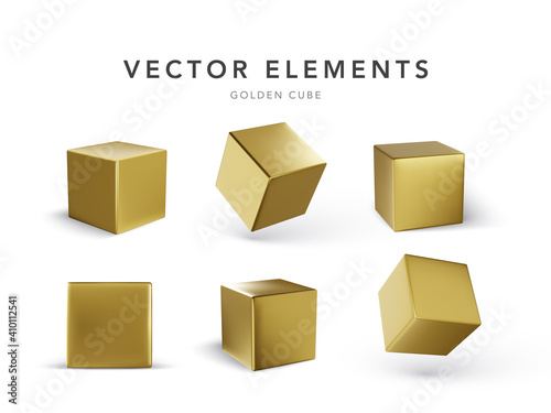 3D vector cube. Shiny object with reflections made of gold. Vector illustration