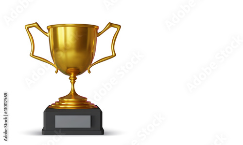Golden champion cup with shadow isolated on white background. Sport tournament award. Vector illustration