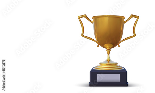 Golden champion cup with reflection and shadow isolated on white background. Sport tournament award. Vector illustration