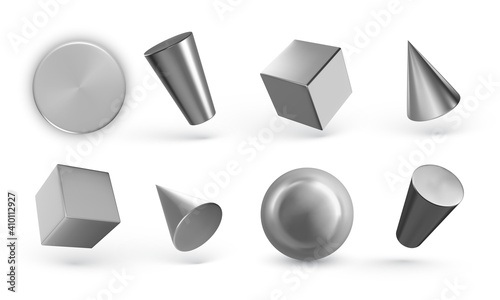 Collection of 3d metal geometric shapes with shadow isolated on white background. Realistic geometry elements. Render decorative sapphirine figure for design. Vector illustration