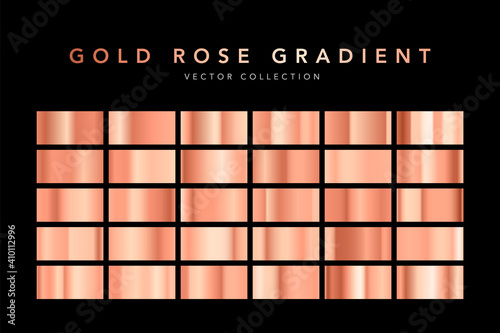 Set of gold rose foil texture isolated on black background. Collection of pink metallic textures. Vector illustration