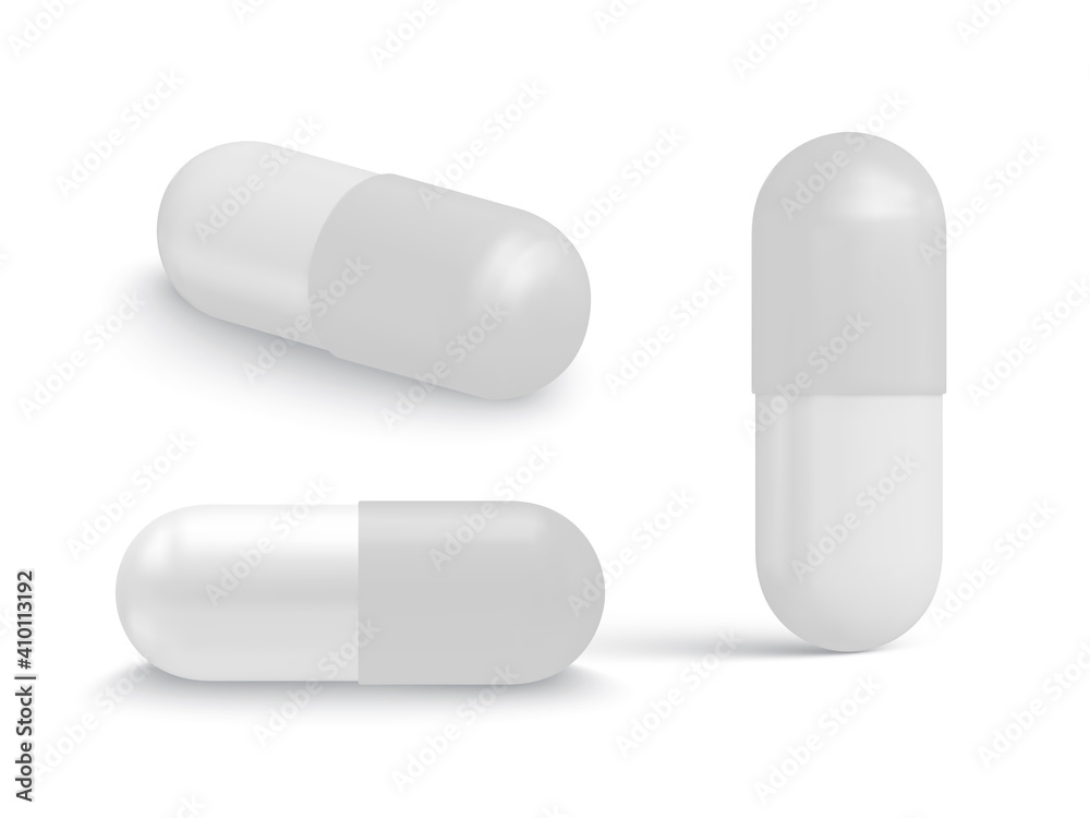 Collection of oval, round and capsule shaped tablets isolated on white background. Medicine and drugs. Vector illustration