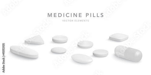 3d realistic white medical pills isolated on white background. Collection of oval, round and capsule shaped tablets. Medicine and drugs. Vector illustration