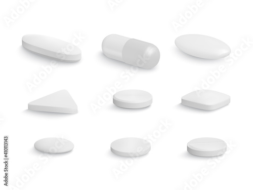 Set of medical round pill and capsules in mockup style. Medical and healthcare concept. Vector illustration