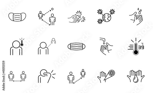 Simple Coronavirus Protection Related Vector Line Icons 15 icon set. Includes Icons such as Protective Measures, Coronavirus Symptoms, fever, mask, cough and more. Editable Stroke.