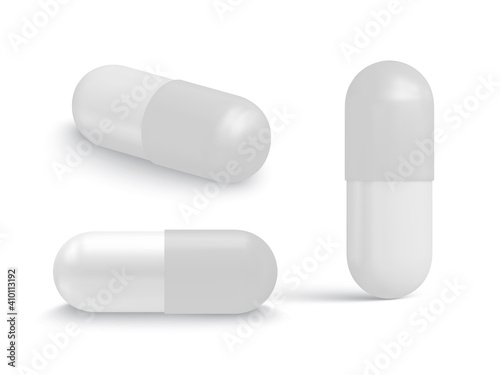 Collection of oval, round and capsule shaped tablets isolated on white background. Medicine and drugs. Vector illustration