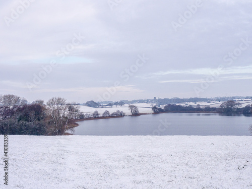Unusual winter heavy snowfall at Pickmere Lake, Pickmere, Knutsford, Cheshire, UK