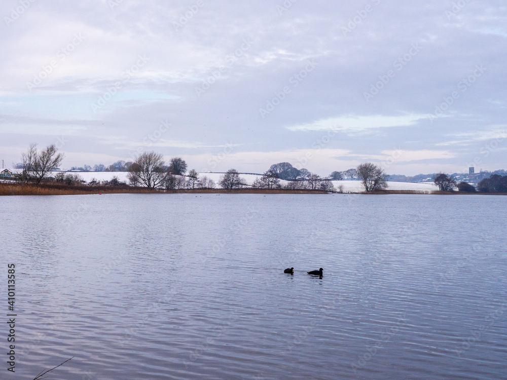 Unusual winter heavy snowfall at Pickmere Lake, Pickmere, Knutsford, Cheshire, UK