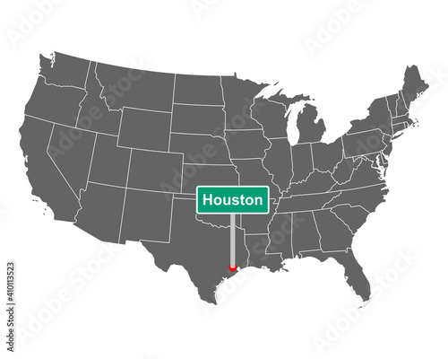 Landkarte der USA mit Orstsschild Houston