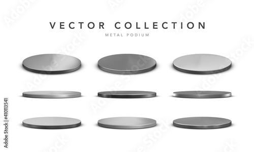Set of realistic silver metal stage podium with shadow isolated on white background. Round winner pedestal. 3d empty platform. Vector illiustration