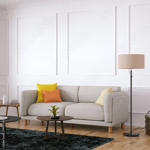 Room with Scandinavian Cozy Sofa, Side Tables and Wooden Floors, Empty Walls with Modern Fretwork