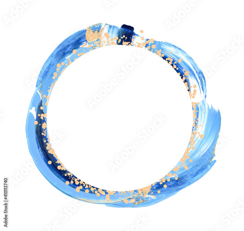 Hand drawn blue and golden glitter brushstroke swash, white circle border. Acrylic Paint swatch smear frame