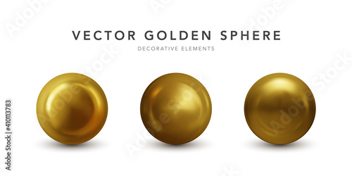 Set of gold sphere with shadow isolated on white background. Collection of oil bubble Golden glossy 3d ball or precious pearl. Vector illustration