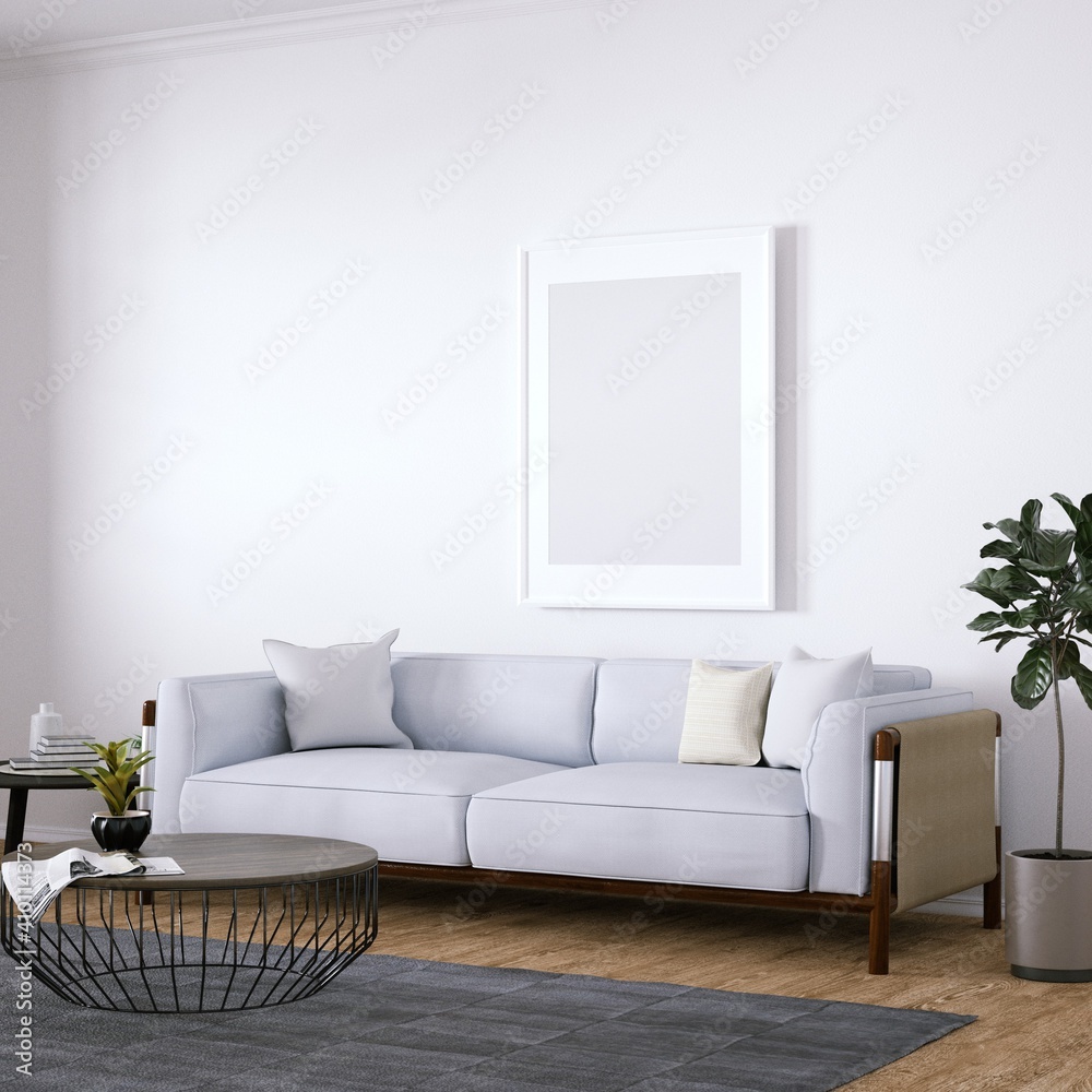 Room with Mid Century Elegant Sofa, Side Tables and Wooden Floors, Empty Walls with Frame Room with Mid Century Elegant Sofa, Side Tables and Wooden Floors, Empty Walls with Frame