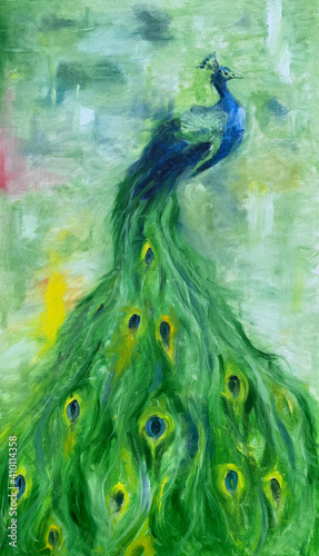 Oil Painting of a peacock, colorful feathers, abstract design on canvas