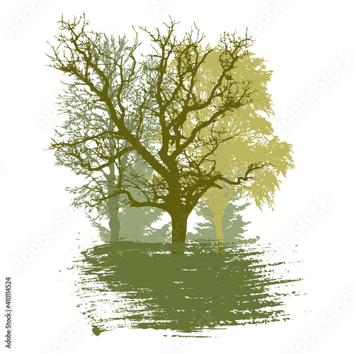 Spring trees and smear brush, logo, badge. Silhouette of beautiful oak and birch and poplar and fir trees. Vector illustration.