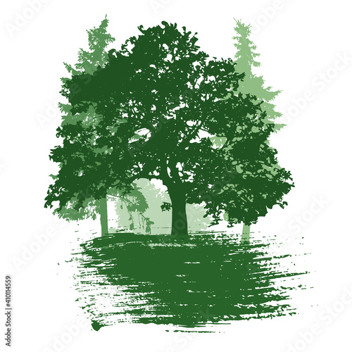 Summer trees and smear brush, logo, badge. Silhouette of beautiful oak and fir trees and bush. Vector illustration.