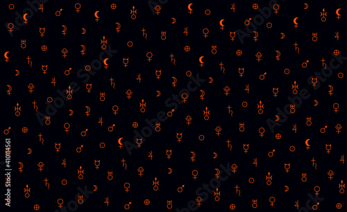 planets, signs, astrology symbols dark blue seamless  background