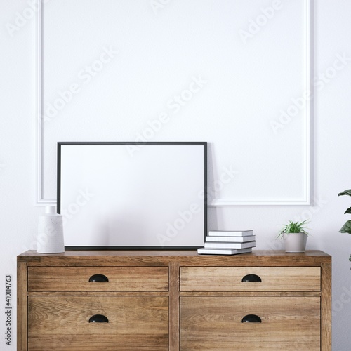 Room with Scandinavian Dresser, Modern Vases and Wooden White Plank Floors, Empty Frame Over Dresser