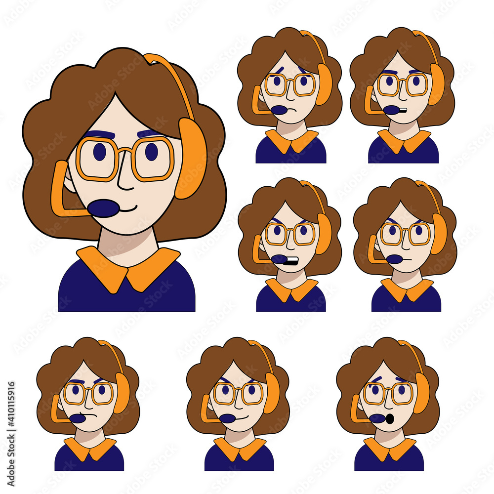 emotions of a young call center operator are isolated on a white background. Vector illustration in cartoon style. joy, cunning, anger, anger, sadness, surprise, contempt, calm. Employee of the help emotions of a young call center operator are isolated on a white background. Vector illustration in cartoon style. joy, cunning, anger, anger, sadness, surprise, contempt, calm. Employee of the help
