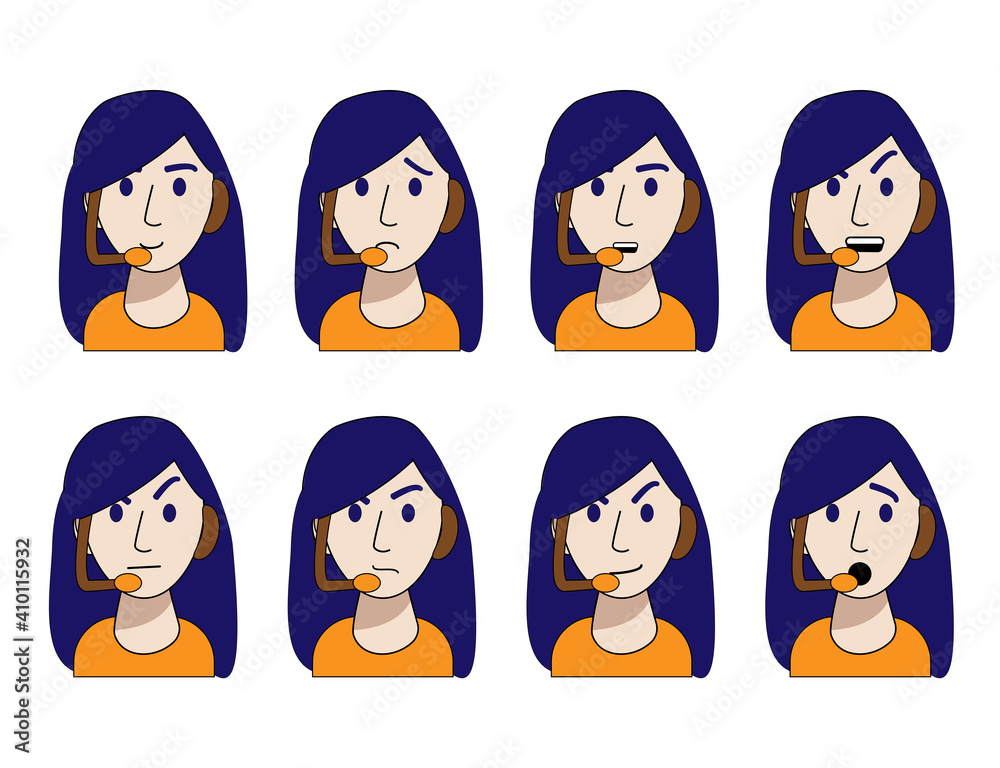 emotions of a young call center operator are isolated on a white background. Vector illustration in cartoon style. joy, cunning, anger, anger, sadness, surprise, contempt, calm. Employee of the help emotions of a young call center operator are isolated on a white background. Vector illustration in cartoon style. joy, cunning, anger, anger, sadness, surprise, contempt, calm. Employee of the help